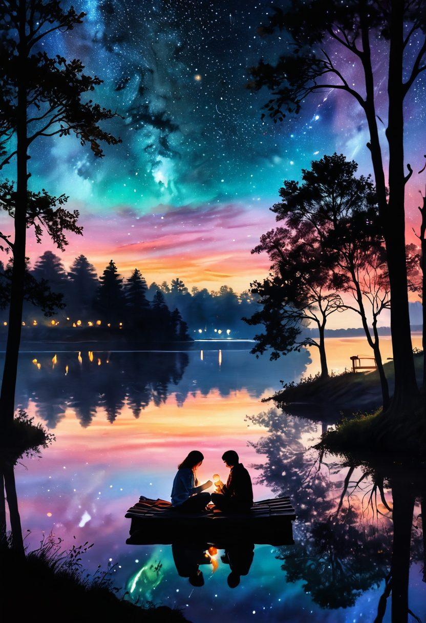 A cozy scene featuring a diverse couple sharing an intimate moment under a starlit sky, surrounded by soft glowing lights and heartwarming elements like a picnic setup and a love letter. The background includes silhouettes of trees and a tranquil lake reflecting the stars. Capture the warmth and connection between them. vibrant colors. dreamy atmosphere. painting.