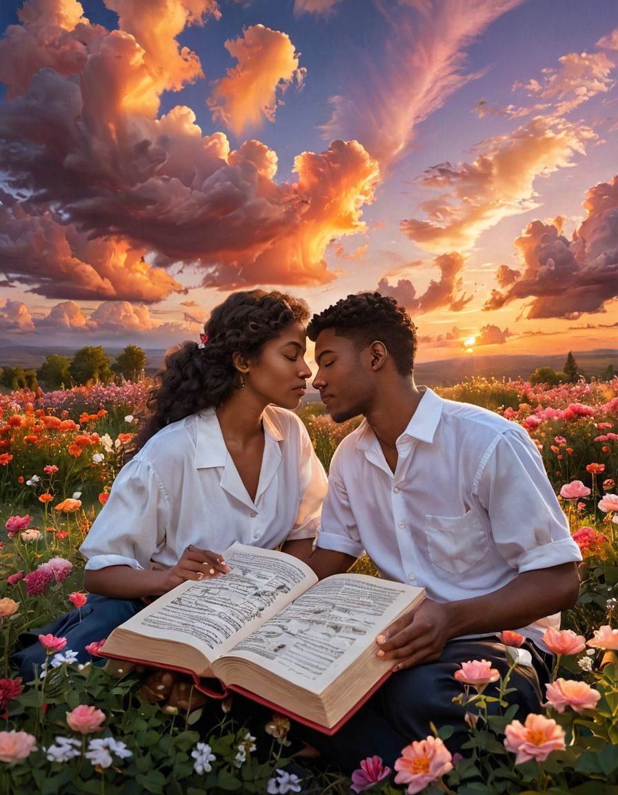 A serene scene depicting two individuals embracing under a vibrant sunset, surrounded by blooming flowers symbolizing love. Heart-shaped clouds float above them, and soft, warm light casts a romantic glow over the scene. In the foreground, an open book lies with handwritten love letters scattered around, emphasizing heartfelt connections. super-realistic. vibrant colors. dreamy atmosphere.