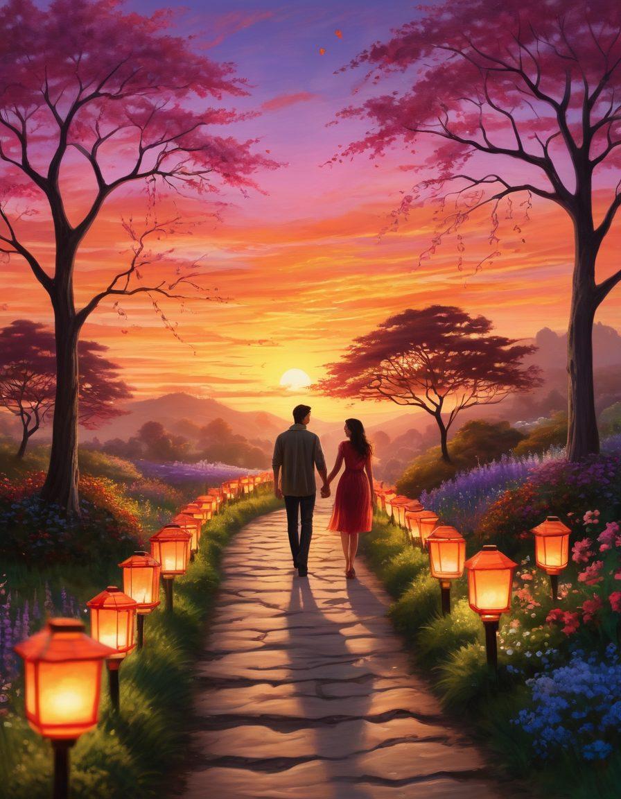 A whimsical landscape featuring intertwining paths symbolizing love and connection, with warm, glowing heart-shaped lanterns lighting the way. Couples of diverse backgrounds walk hand in hand, sharing heartfelt moments. In the background, a vibrant sunset adds warmth to the scene, creating an inviting and romantic atmosphere. Elements of nature like blooming flowers and gentle animals enhance the sense of harmony. vibrantly colorful. painting. dreamy.